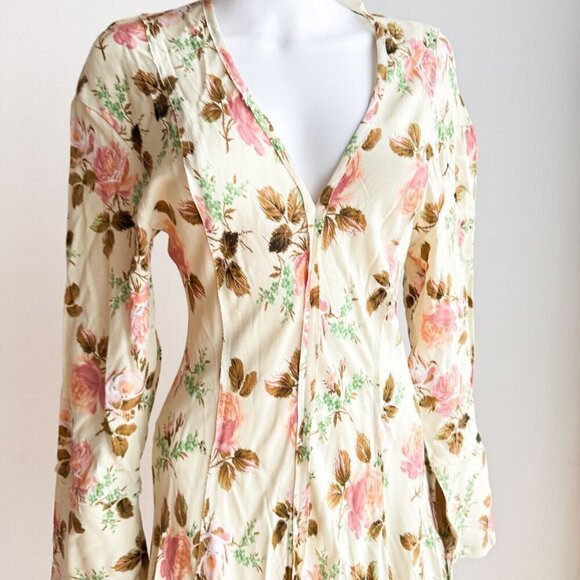 Zara Pastel Green Pink Floral Bias Cut Long Sleeve Maxi Dress XS - Picture 2 of 9